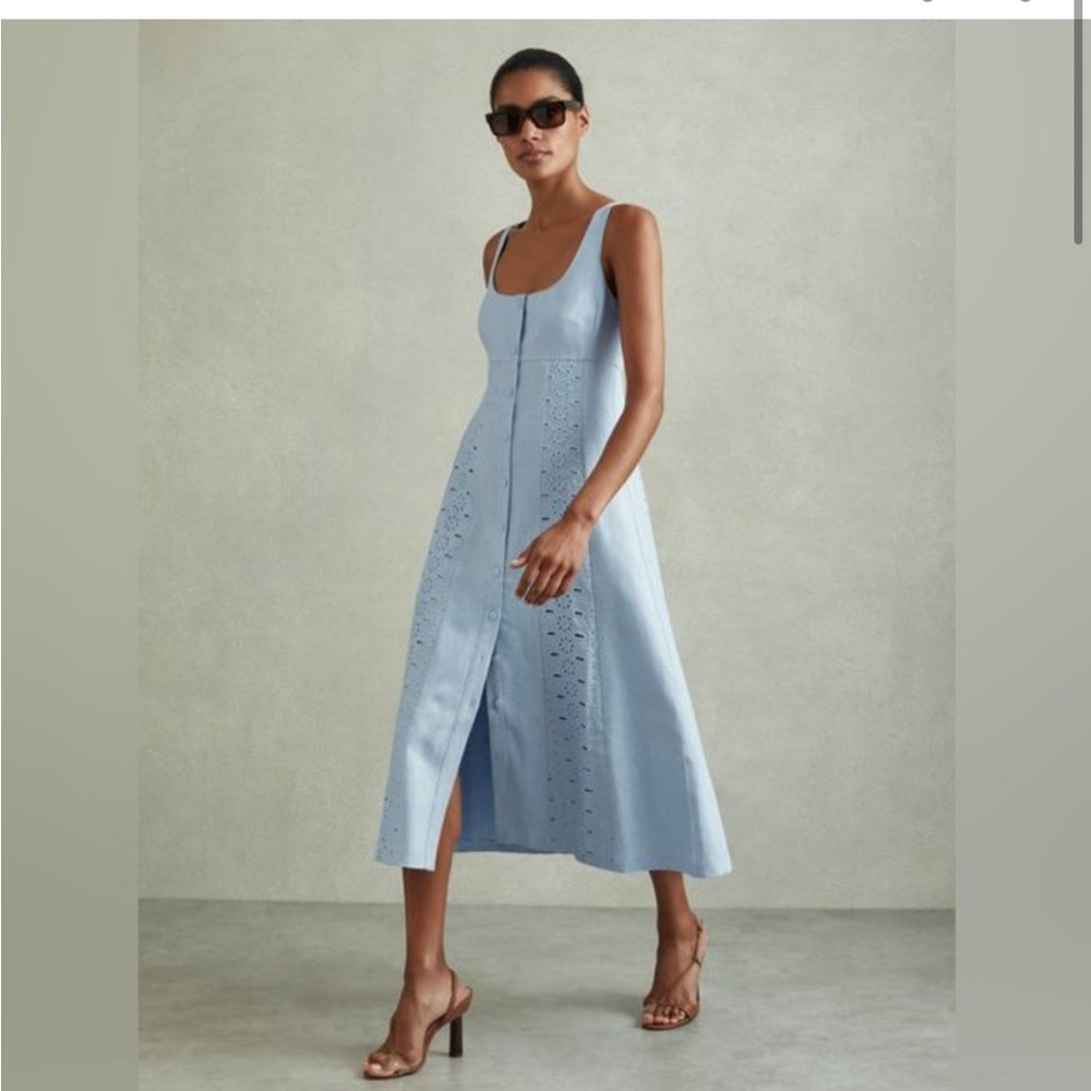 Reiss CLARICE LINEN BRODERIE MIDI DRESS. NEW